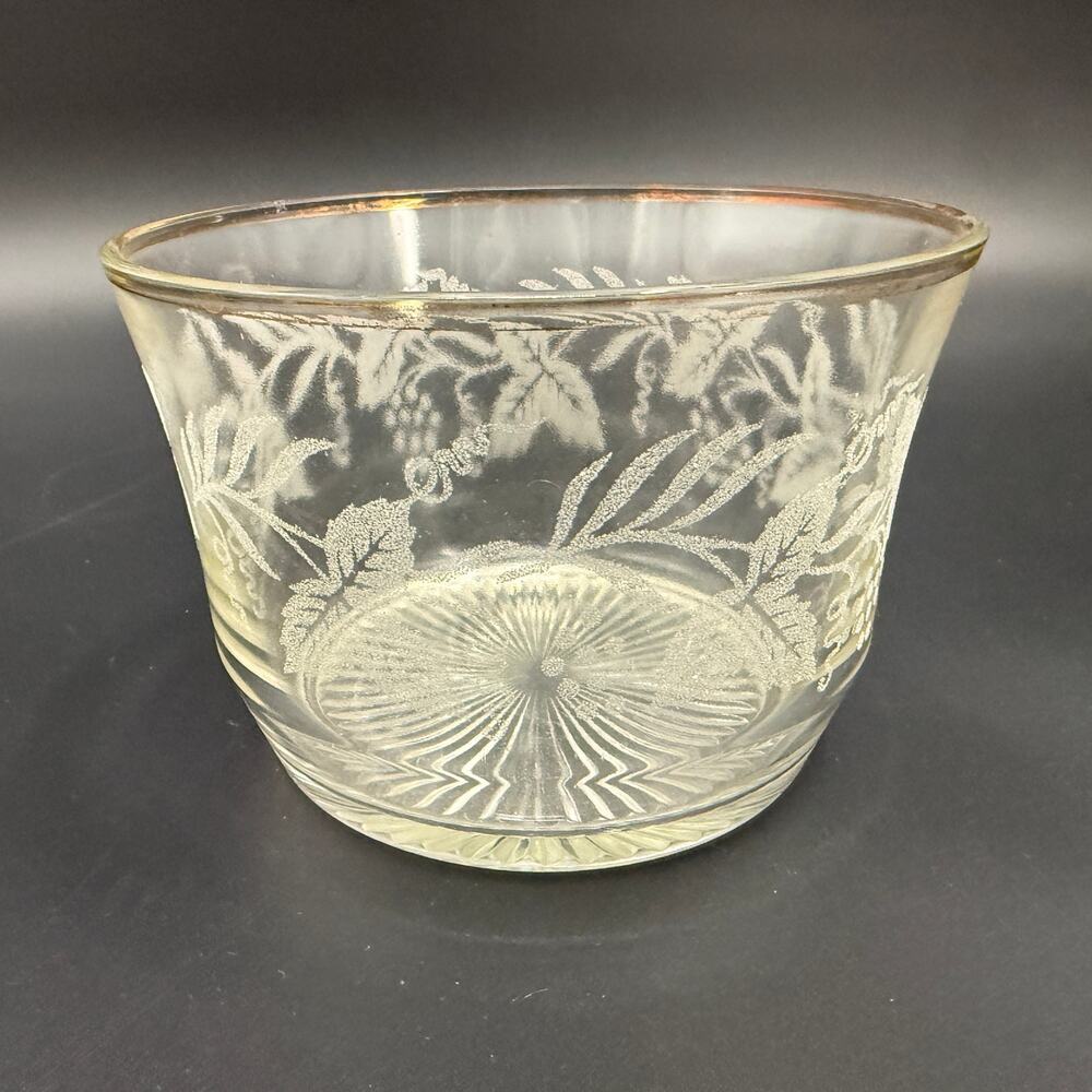 vintage Bartlett Collins glass Serving Bowl etched grape leaf gold rim glassware